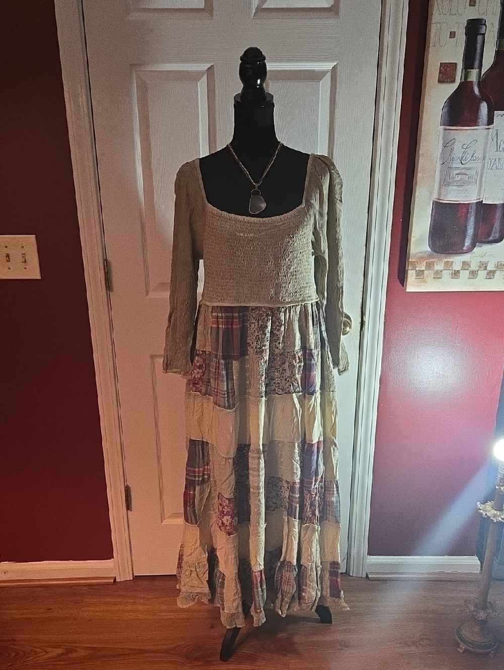 Boho Patchwork Maxi Dress with Knit Bodice - Cream & Plaid